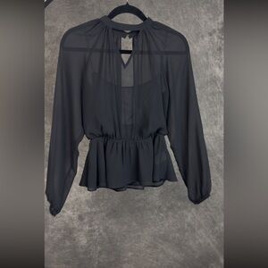Express Black Sheer V-Neck Peplum Blouse | XS